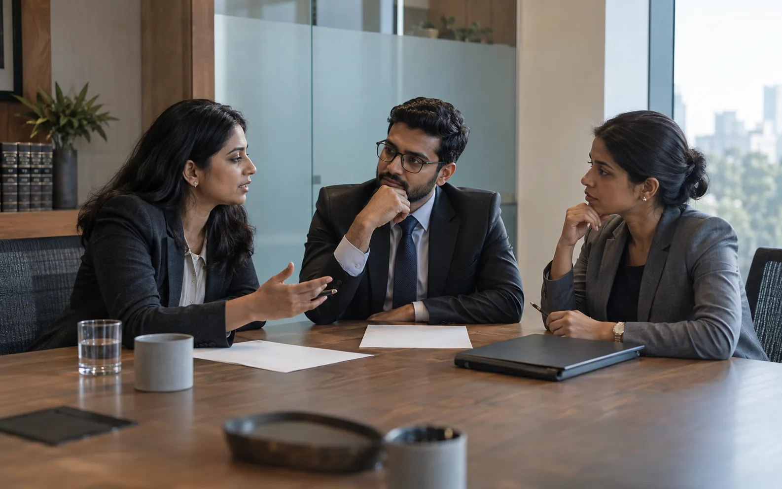 A law firm team reviewing documents together