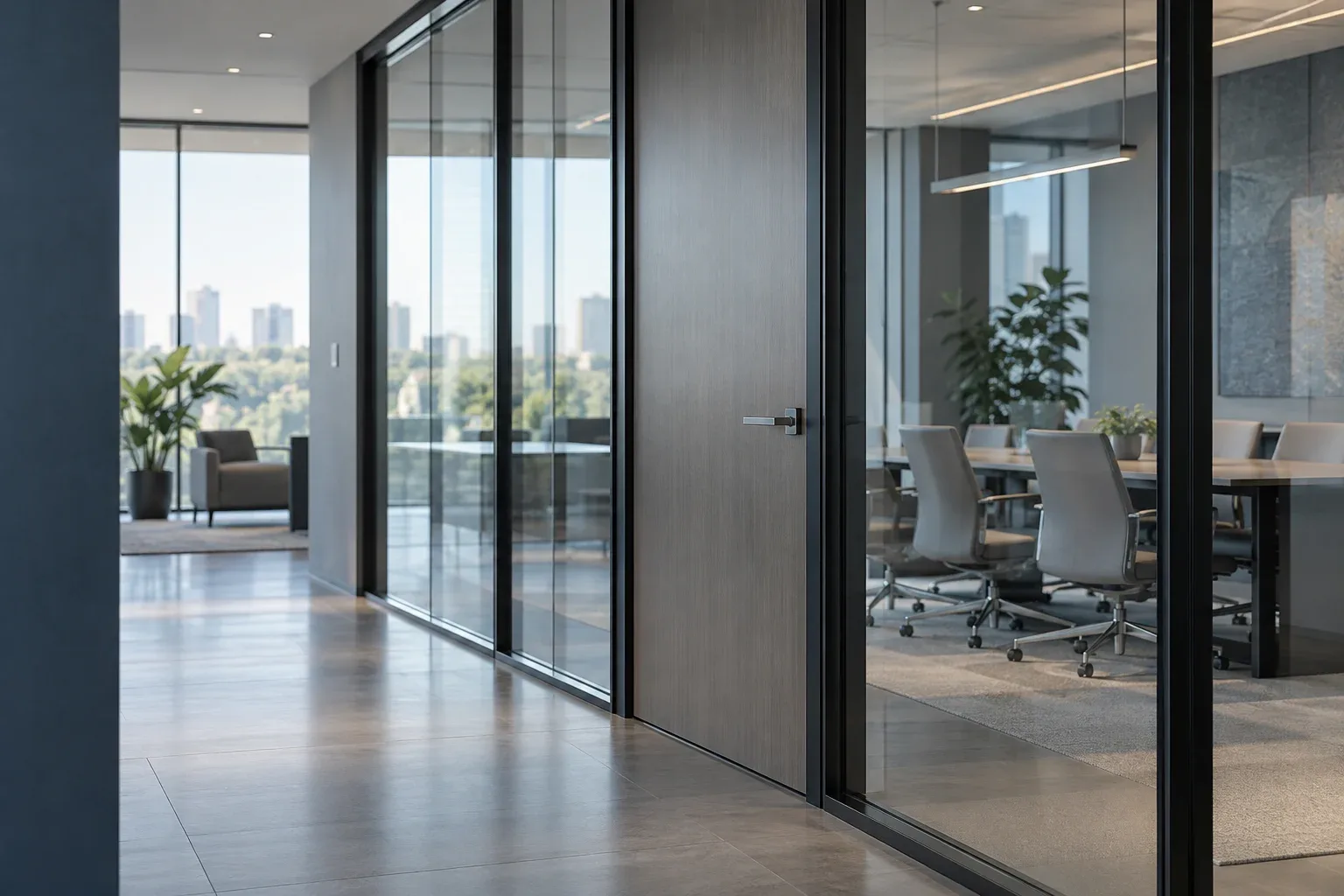 Glass partitions and a closed meeting room in a professional interior.