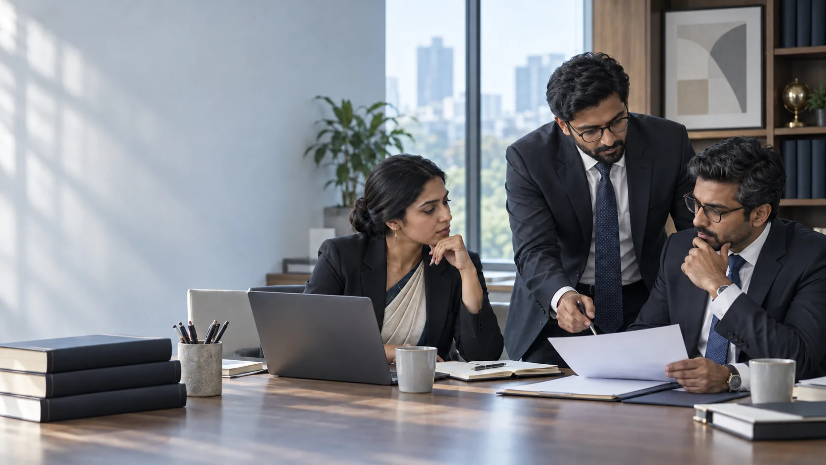 Three legal colleagues coordinating preparation around a meeting table