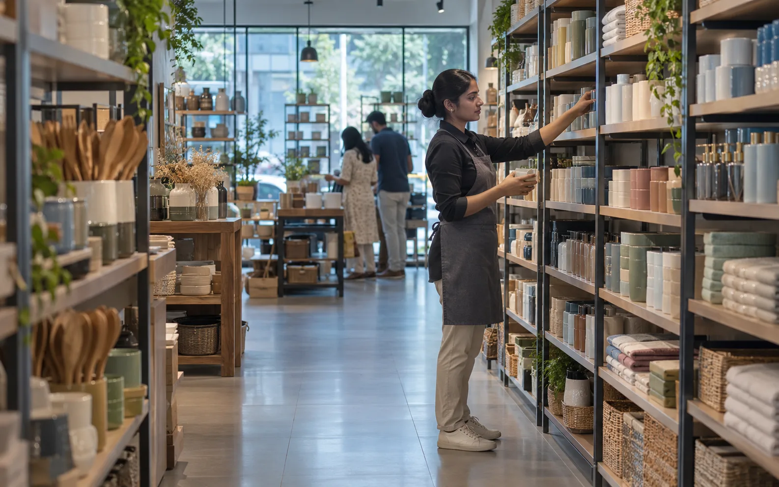 Staff and product shelves in a contemporary retail store