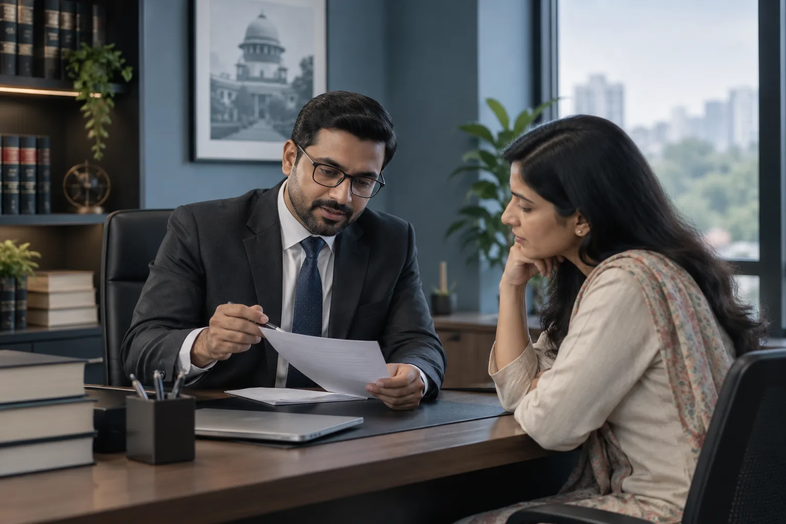 An Indian legal advisor explaining a selected document to a client across a desk.