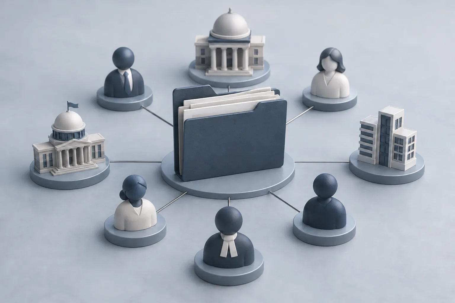 Dimensional illustration of a matter folder linked to person and organisation symbols.