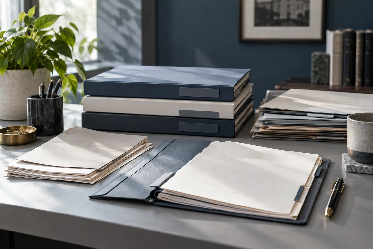 Neatly organised document folders and successive paper versions on a refined desk.