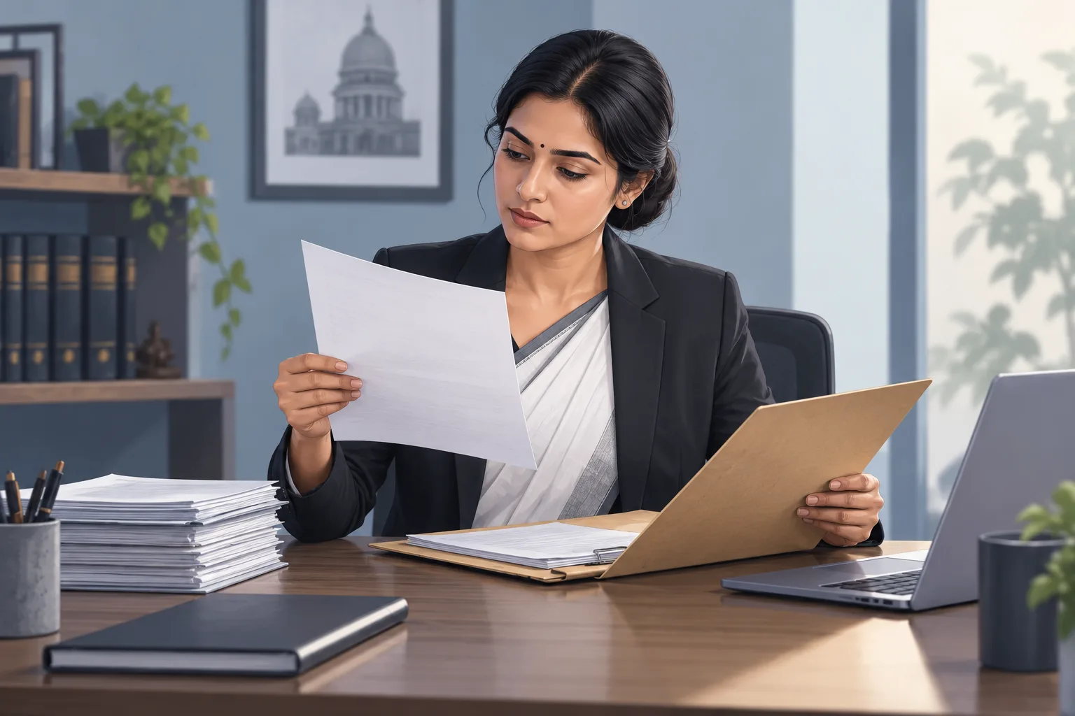 Editorial illustration of a professional reviewing an incoming document before adding it to a matter folder.