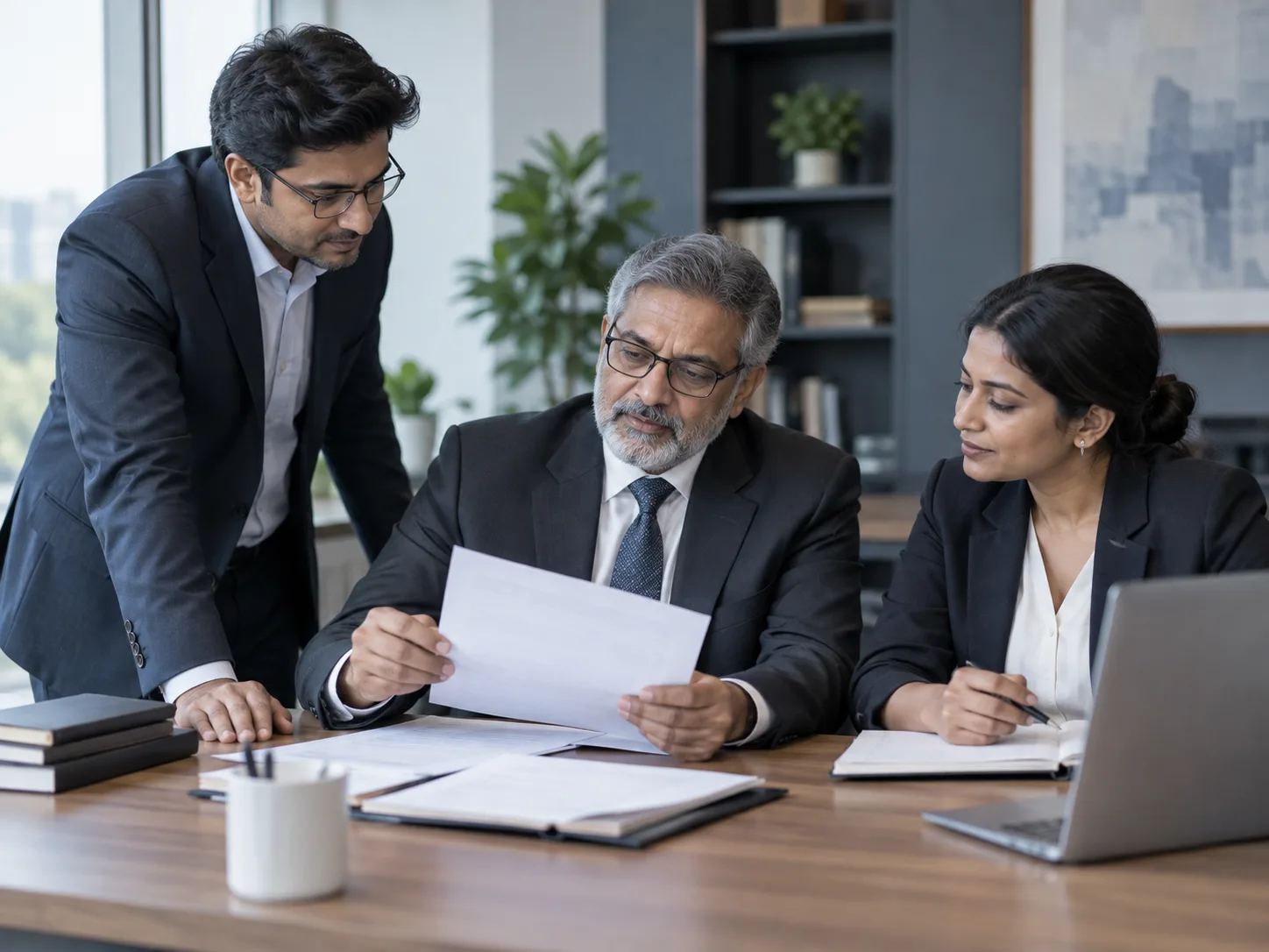 A senior Indian advocate and two colleagues reviewing documents together in a contemporary office.