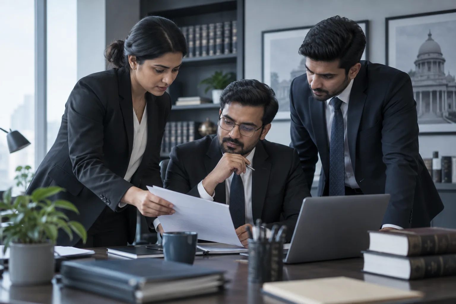 Three Indian legal colleagues reviewing a document together in a focused working session.