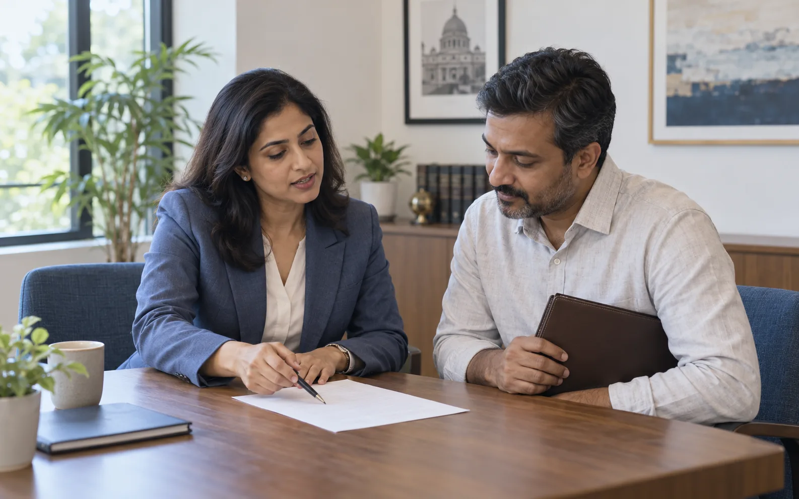 Indian legal advisor and client reviewing a selected document together at a practice meeting table.