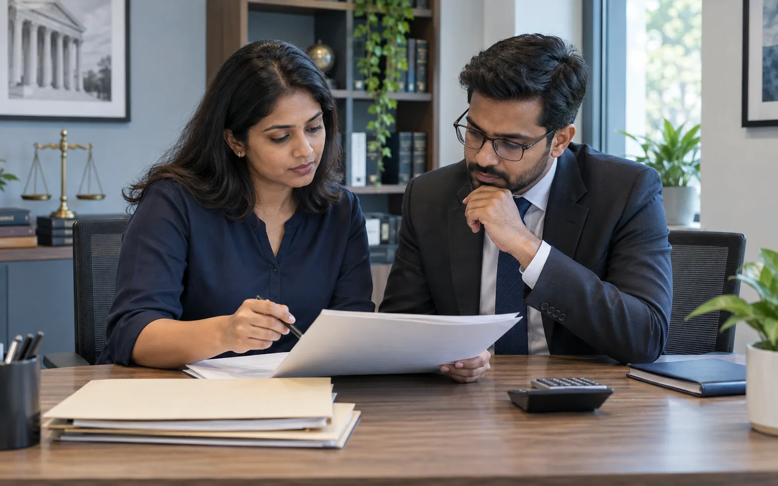 A practice administrator and colleague reviewing neutral client financial paperwork.