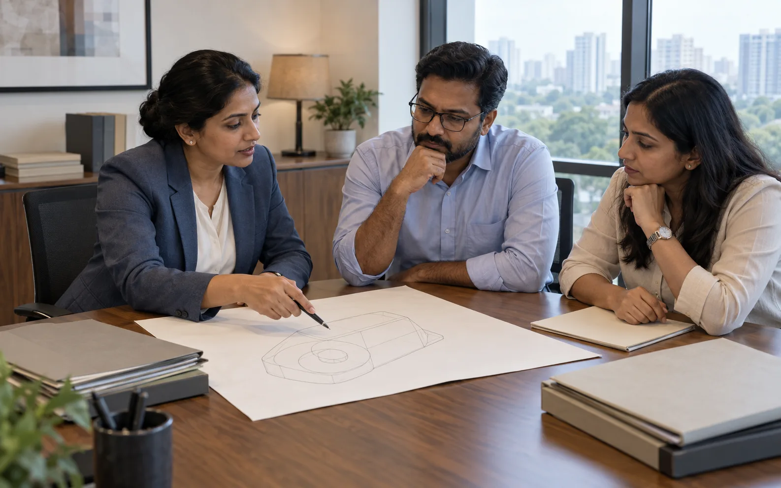 Indian legal colleagues reviewing an unannotated geometric design drawing and organised records.