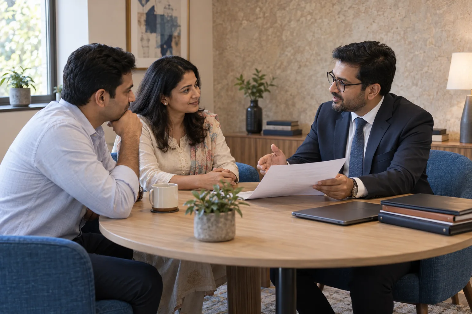 An Indian legal advisor sharing one selected document with two clients while working files remain closed.