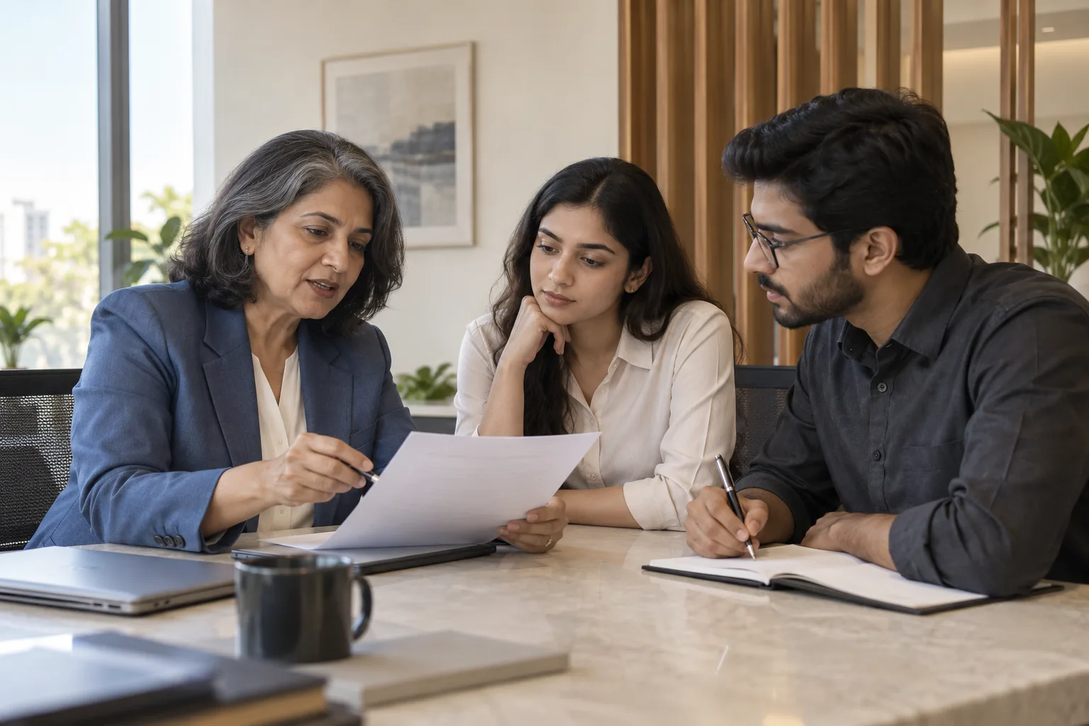 A partner and two associates reviewing a document and taking notes in an Indian law office.